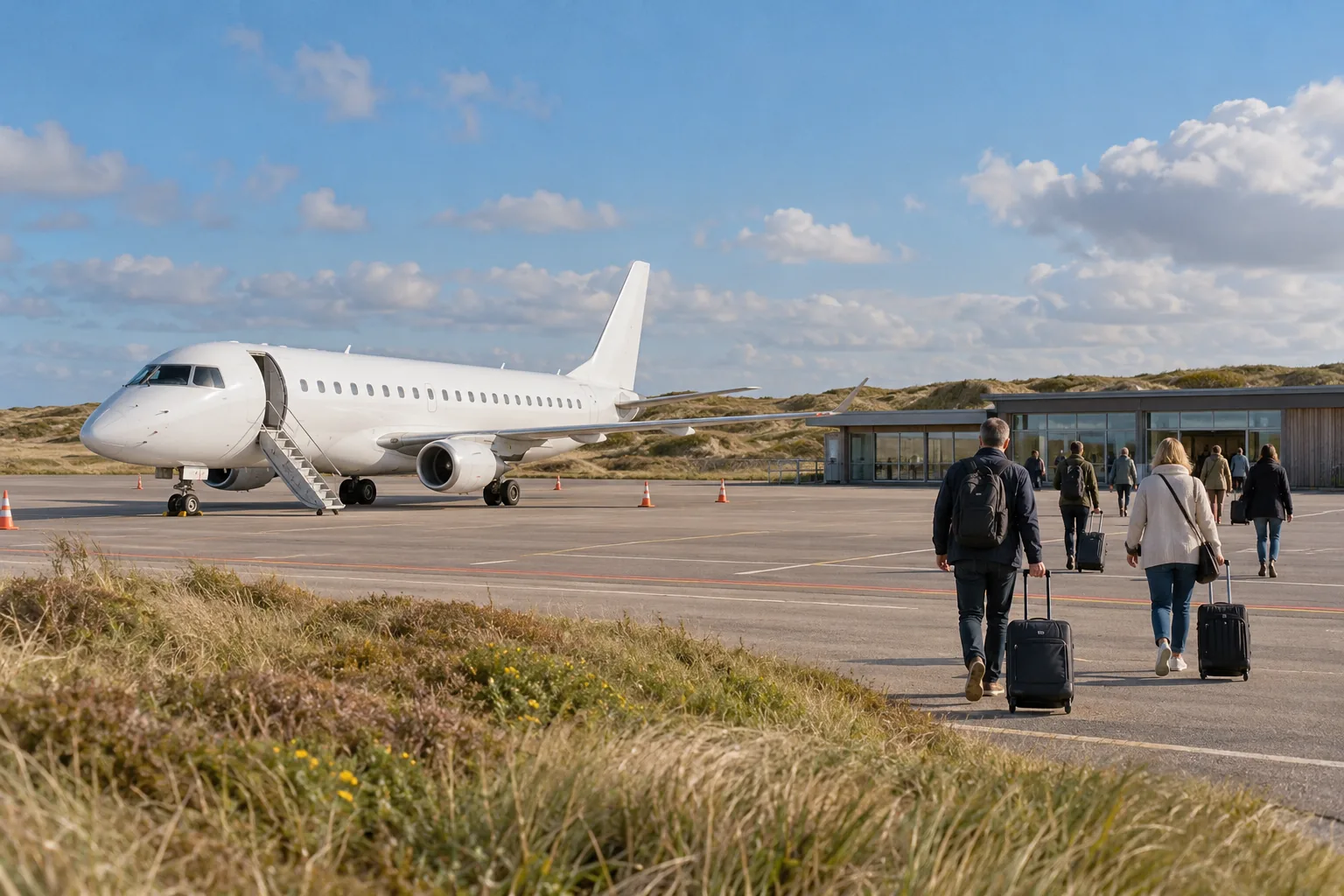 Kleines Passagierflugzeug auf dem Vorfeld eines Inselflughafens, dahinter flache Dünen und Heide