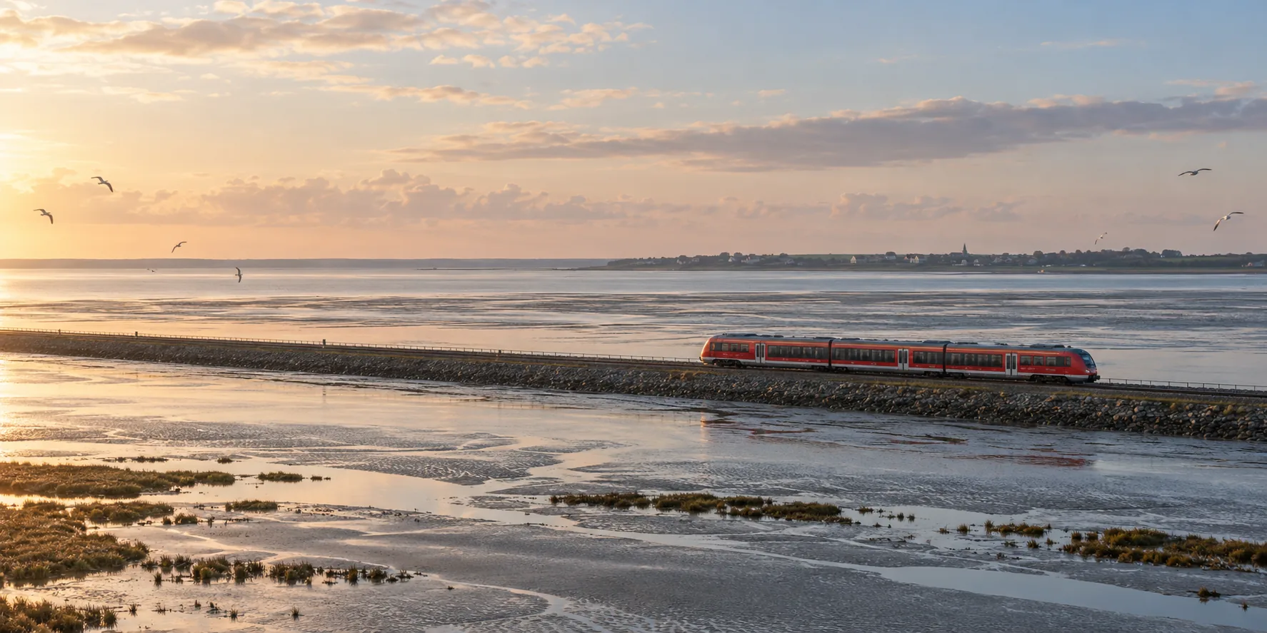 Roter Regionalzug auf einem Damm durch das Wattenmeer im Morgenlicht